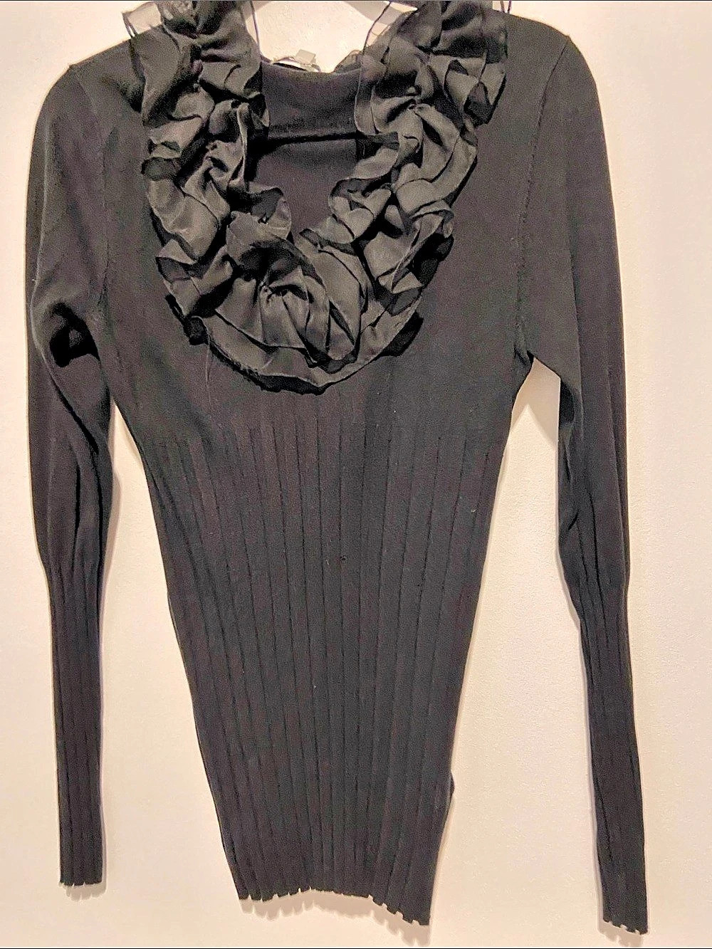 Cache Black Ruffle Neck Ribbed Sweater Size Large - Picture 2 of 6